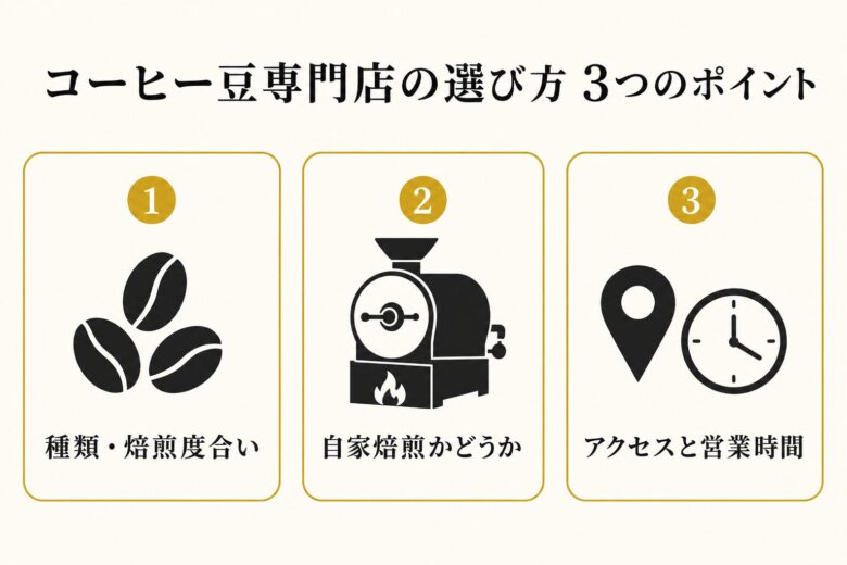 京都のコーヒー豆専門店を選ぶ3つのポイントを示した図