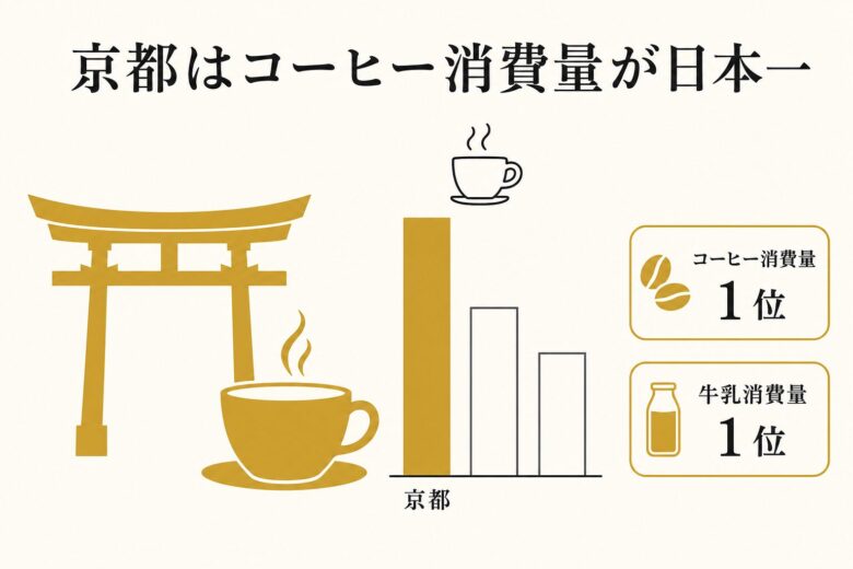 京都がコーヒーと牛乳の消費量で日本一であることを示した図
