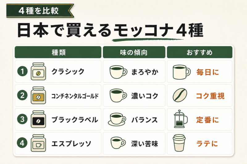 日本で買えるモッコナコーヒー4種の比較