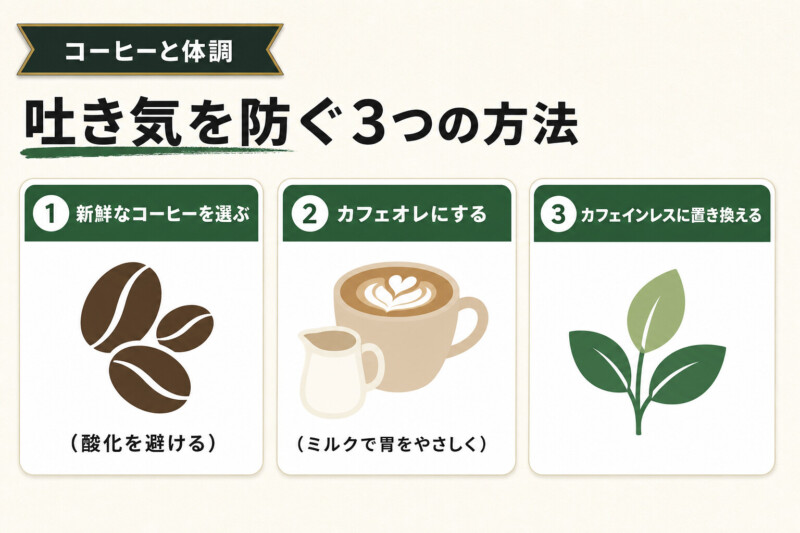 コーヒーで吐き気を防ぐ3つの方法