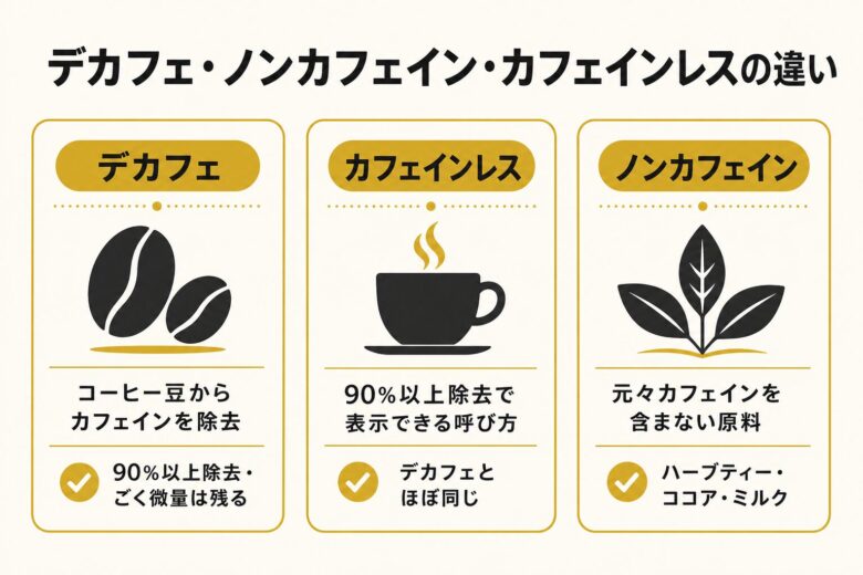 デカフェ・ノンカフェイン・カフェインレスの違いを比較した図
