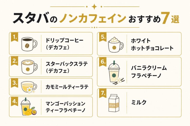 スタバのノンカフェインおすすめドリンク7選の早見図