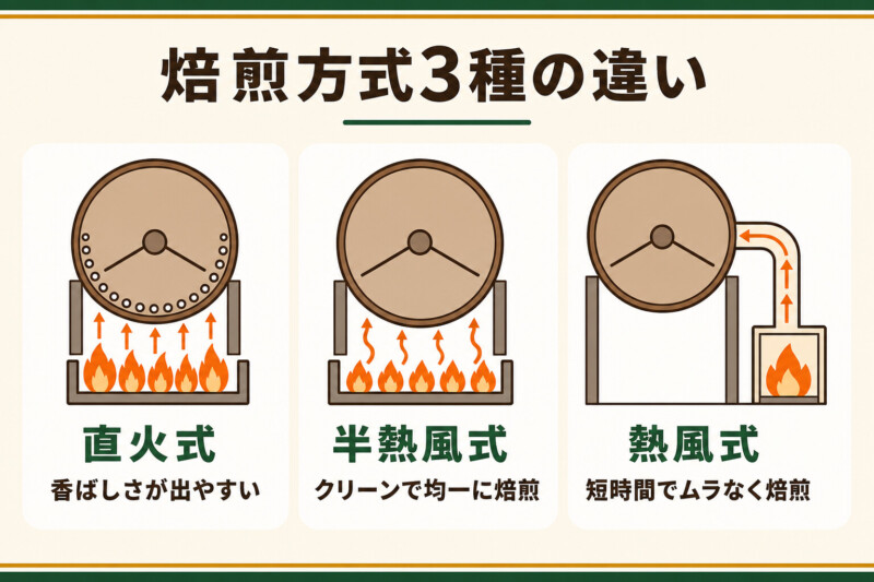 焙煎方式3種(直火式・半熱風式・熱風式)の違い
