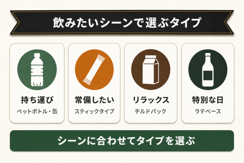 飲みたいシーン別の無糖ラテのタイプの選び方の図解