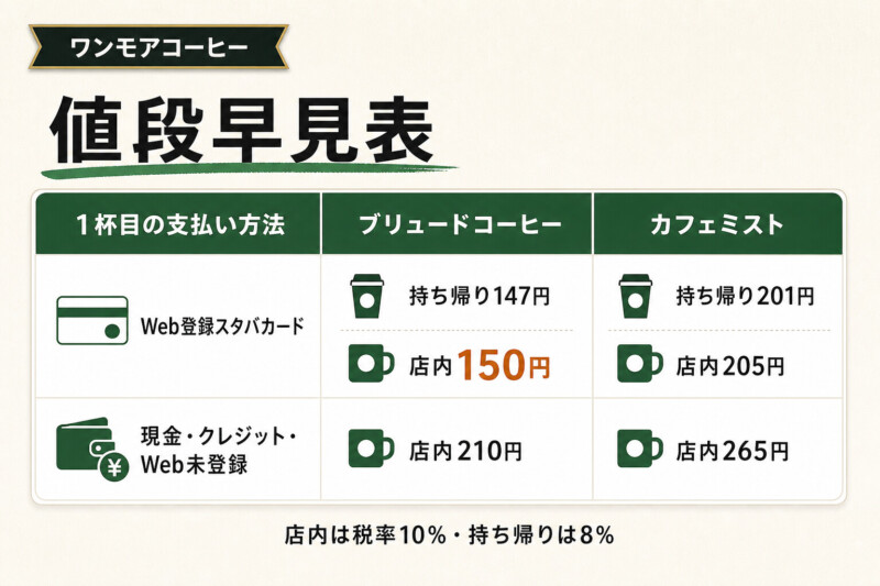 スタバのワンモアコーヒー(おかわり)の値段早見表