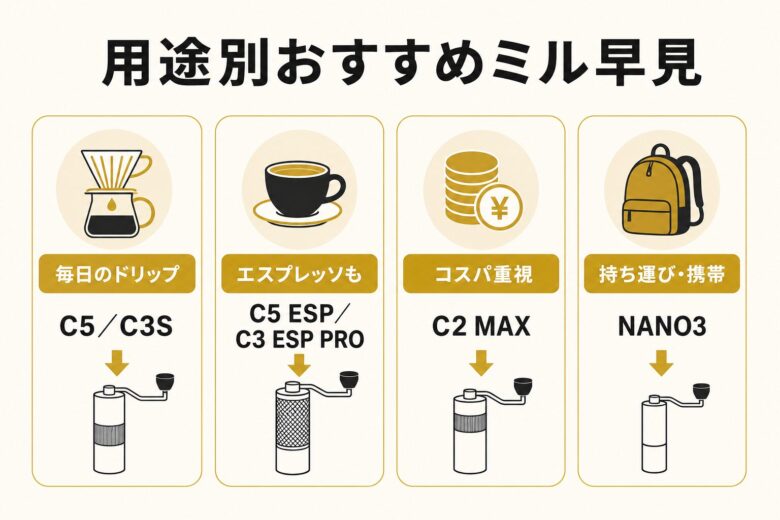 タイムモアのコーヒーミルを用途別におすすめを示した早見図
