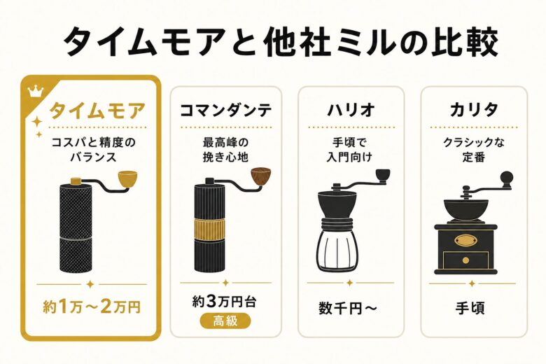 タイムモアと他社コーヒーミル コマンダンテ・ハリオ・カリタの比較図