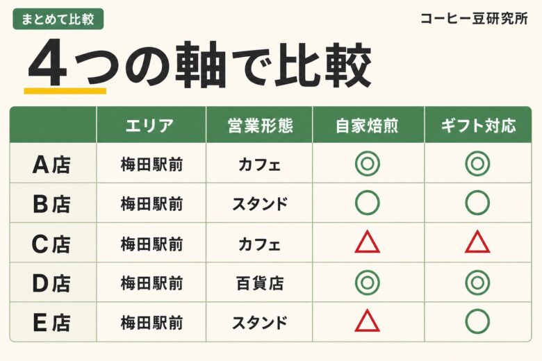 梅田のコーヒー豆専門店を4軸で比較した一覧表