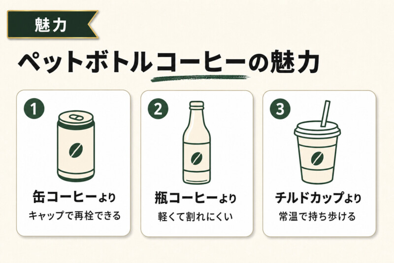 ペットボトルブラックコーヒーの魅力（缶・瓶・チルドとの違い）図解