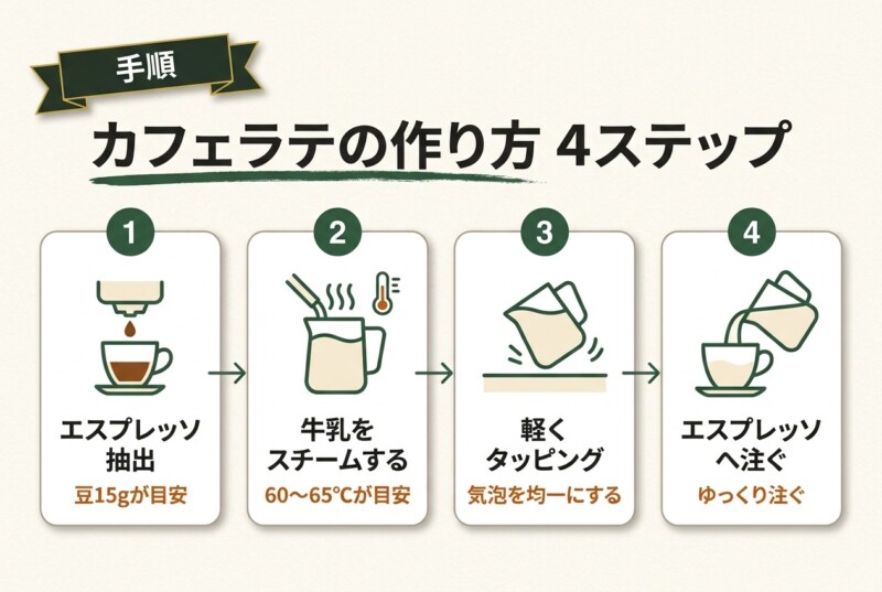カフェラテの作り方4ステップ
