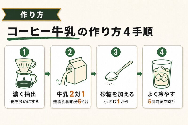 コーヒー牛乳の作り方4手順 濃く抽出して牛乳2対1で無脂乳固形分5%台にする