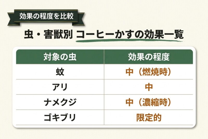 虫・害獣の種類別 コーヒーかすの虫除け効果一覧