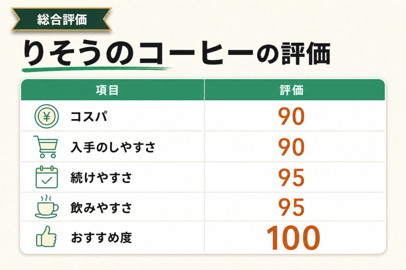 りそうのコーヒーの総合評価表(コスパ・続けやすさ・飲みやすさ)