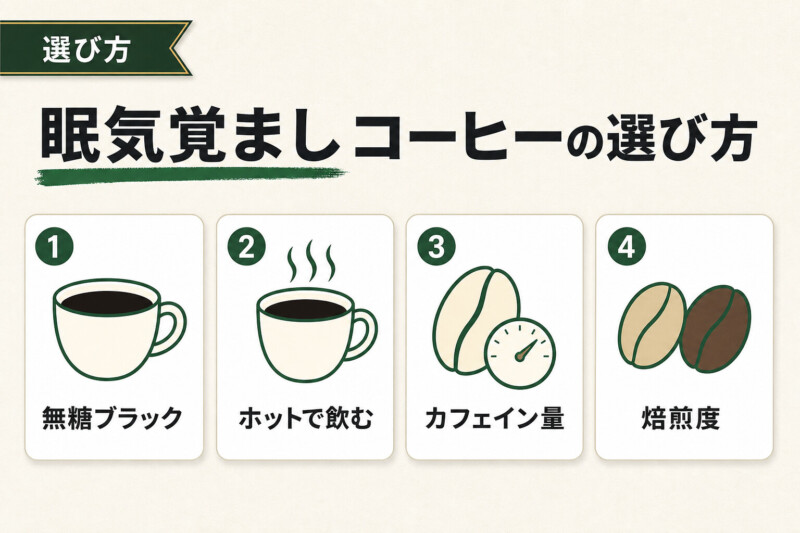 眠気覚ましコーヒーの選び方4ポイント図解