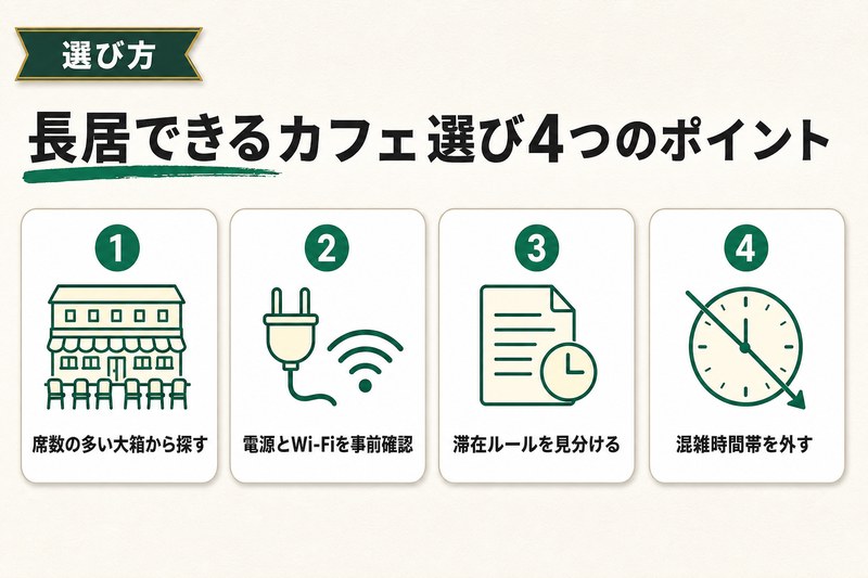 梅田 長居できるカフェ 選び方4つのポイント 図解