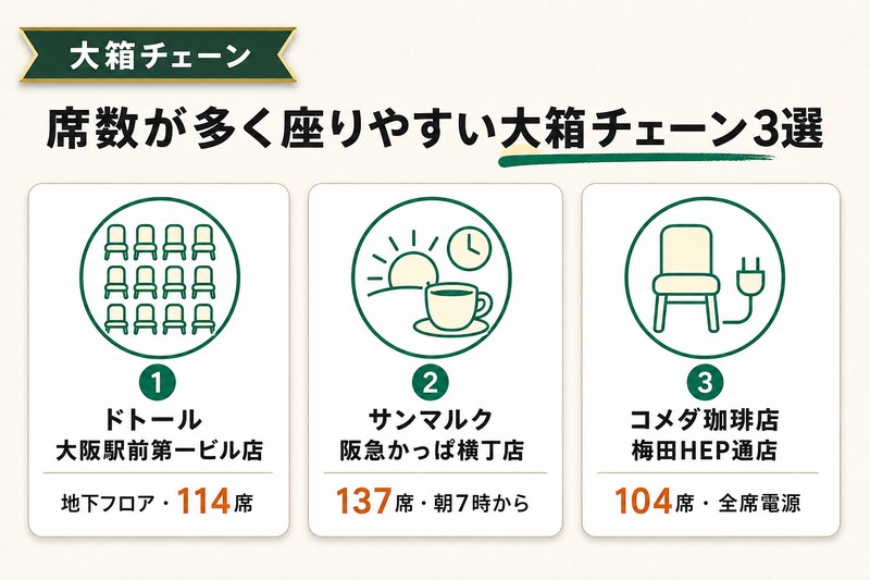 梅田 長居できるカフェ 大箱チェーン3選 図解
