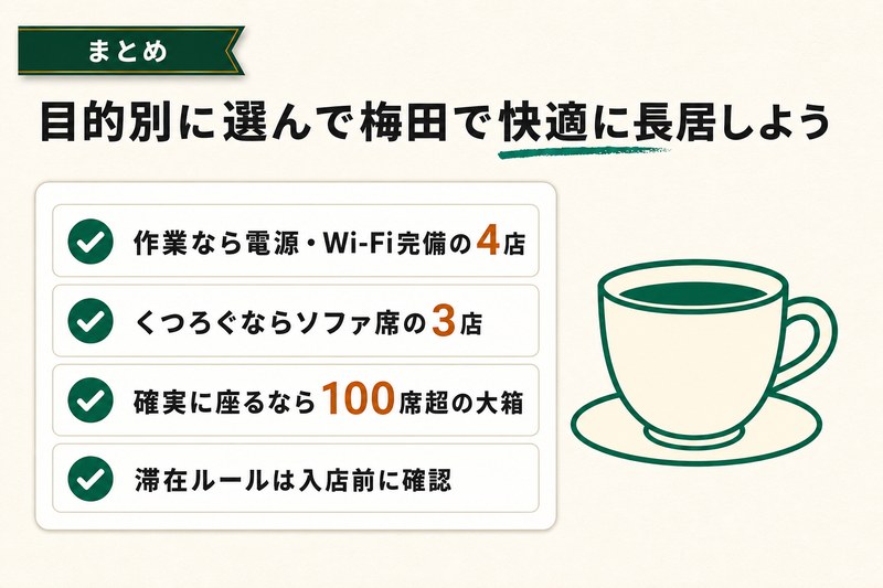梅田 長居できるカフェ まとめ 図解