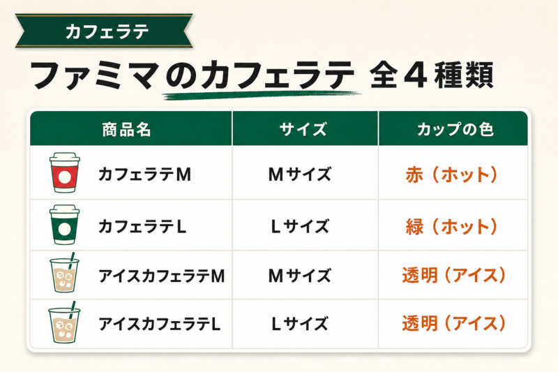 ファミマのカフェラテ 全4種類とカップの色