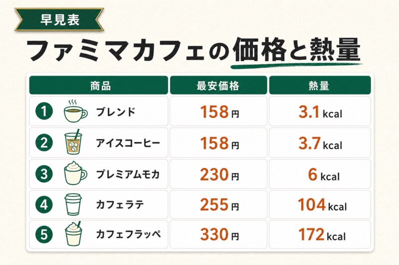 ファミマカフェ 価格と熱量の早見表