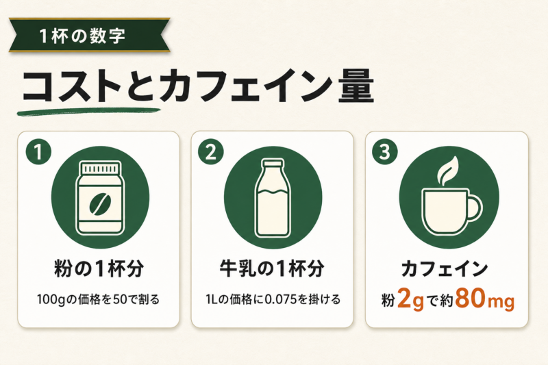 インスタントカフェオレ1杯のコストとカフェイン量