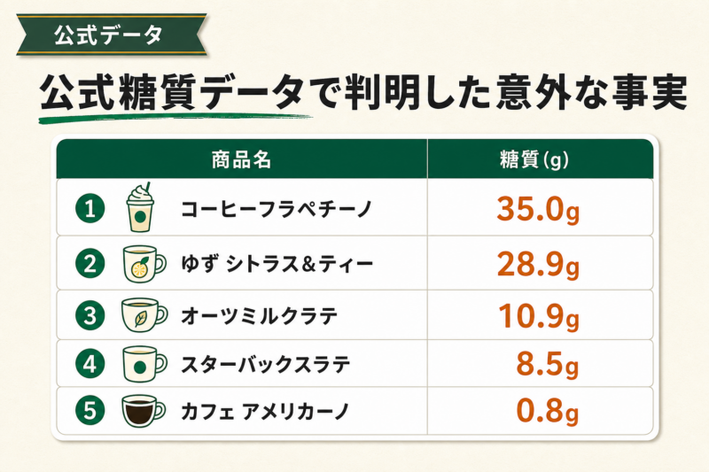 スタバの甘くない飲み物 公式糖質データ比較