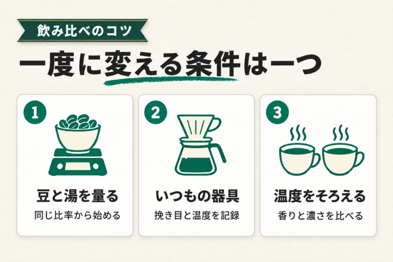 アナエロビックをおいしく楽しむ淹れ方と飲み比べ。豆と湯を量り、いつもの器具で一つずつ条件を調整する