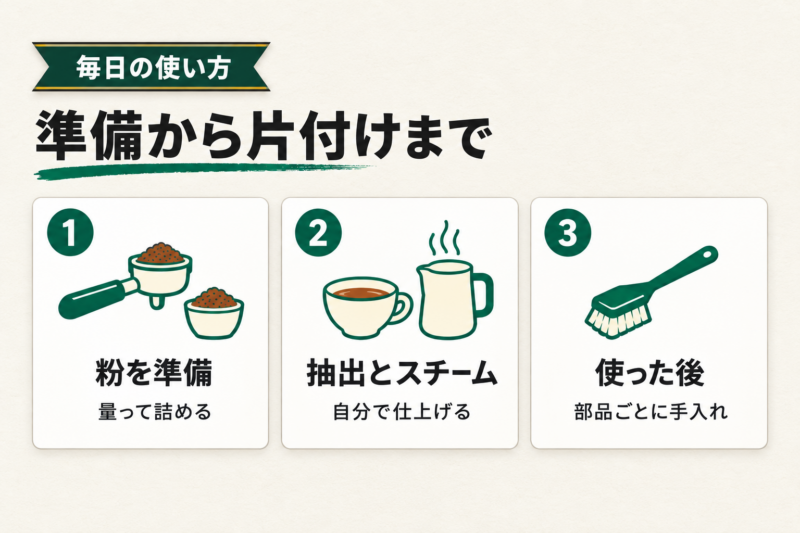 デディカと一緒に揃える道具と毎日の使い方。粉を準備し、抽出とミルクを仕上げ、使った部品を手入れする