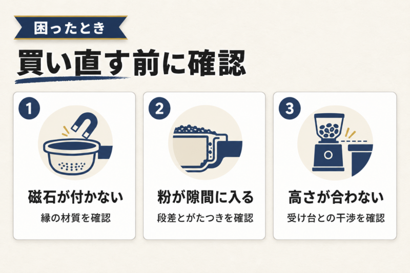 ドージングリングが合わないときの確認点。磁性、縁の段差、グラインダーとの干渉を確認