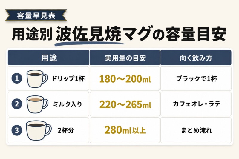 波佐見焼マグカップの容量早見表