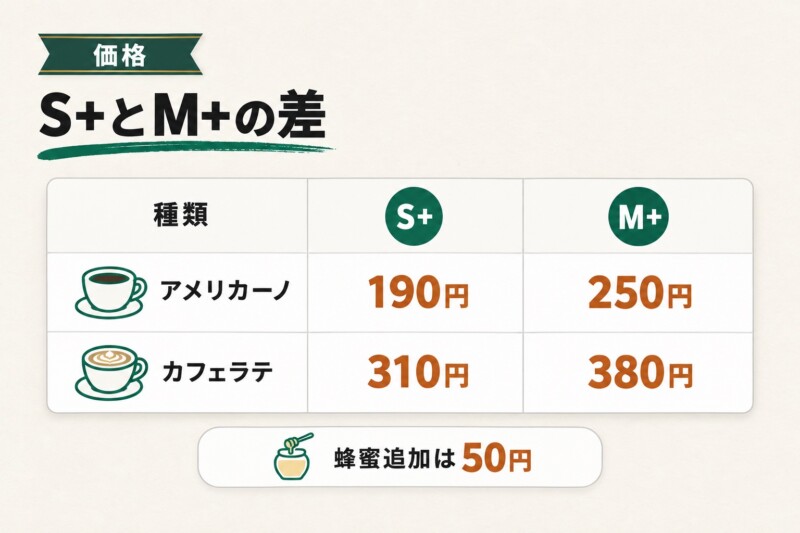 S+・M+・L+の値段とサイズ差を確認