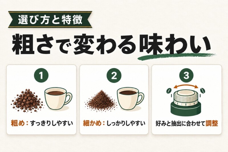 コーヒー豆の挽き方による粗さの違いで味・風味がかなり変わる