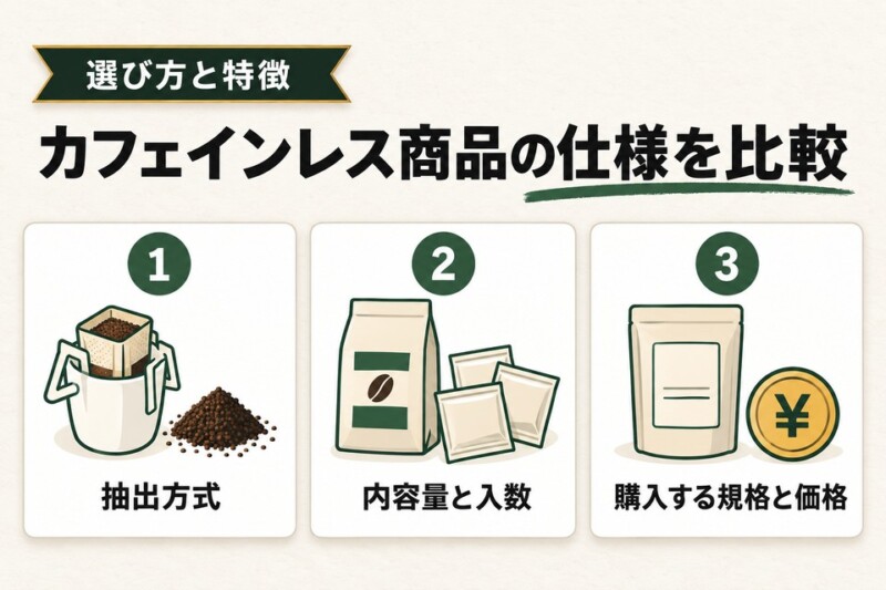 カフェインレスコーヒー3商品の仕様を比較する
