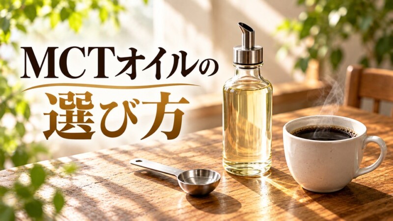 食品用オイルのボトルと計量スプーン、コーヒーを描いたMCTオイル記事のアイキャッチ