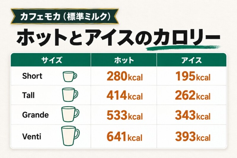 カフェモカ（標準ミルク）：ホットとアイスのカロリー