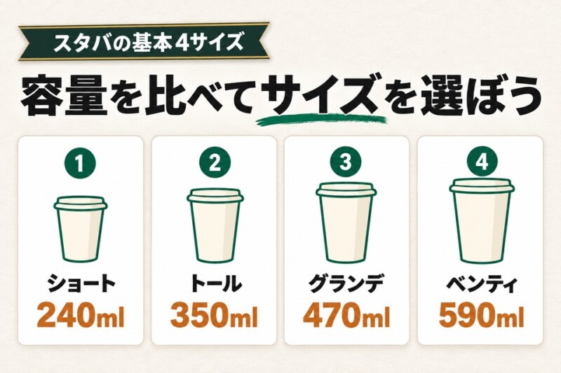 スタバの基本4サイズ：容量を比べてサイズを選ぼう